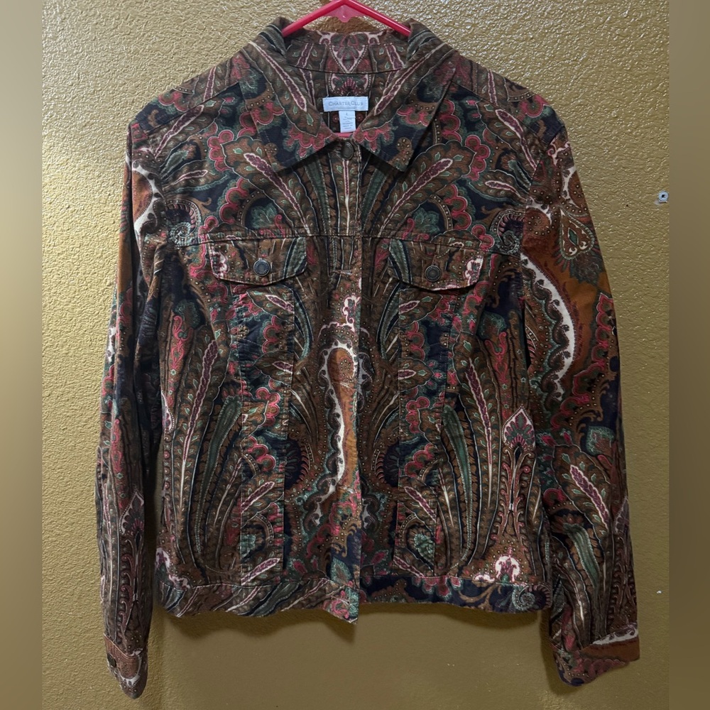 Charter Club Paisley Velvet Jean Jacket in Multi Brown & Green